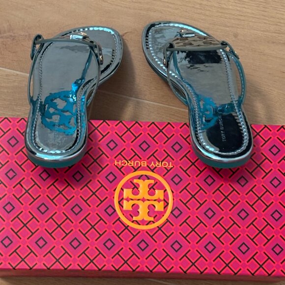 Tory Burch Miller Mirrored Metallic Teal Sandal - Picture 13 of 14